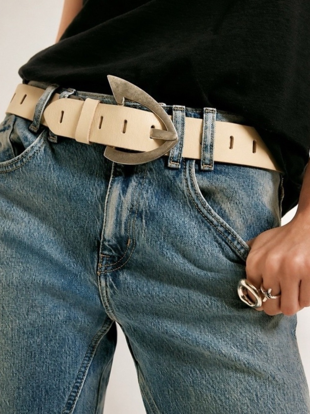 Free People Cream Leather Belt with Silver Buckle